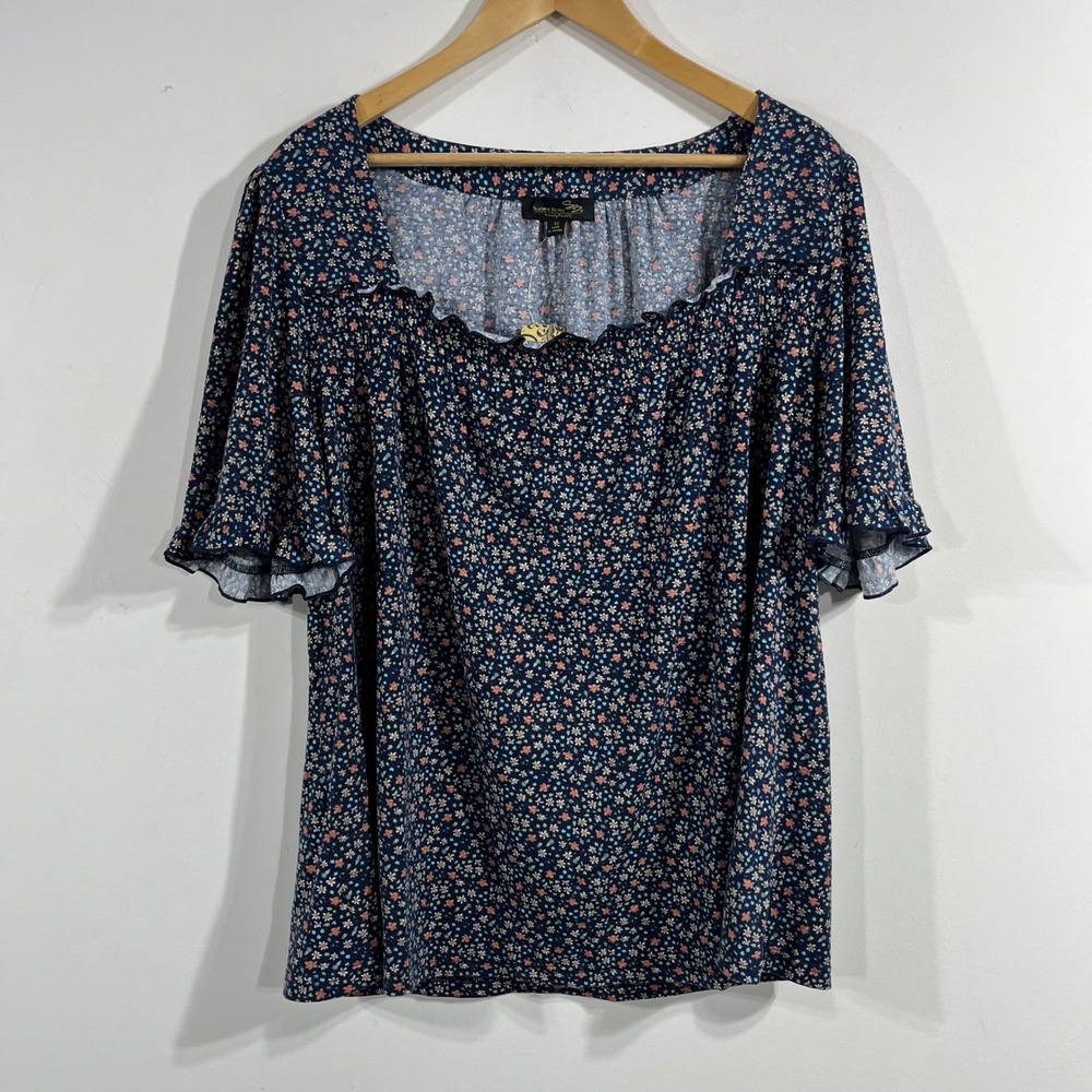 Suzanne Betro Cottagecore Navy Floral Square Neck Flutter Sleeve Top 1X Renfair